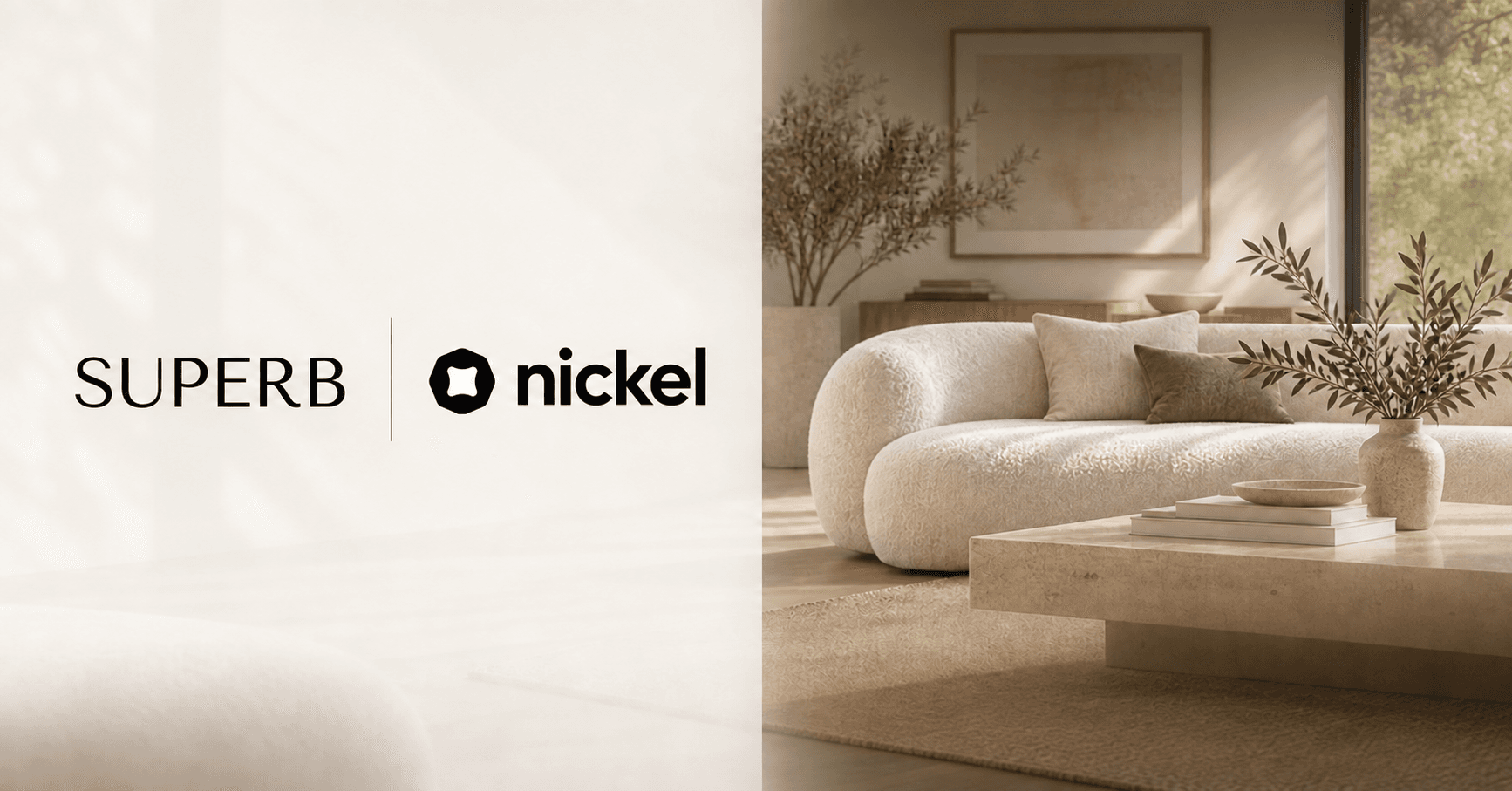 Superb and Nickel logos beside a warm, furnished living room